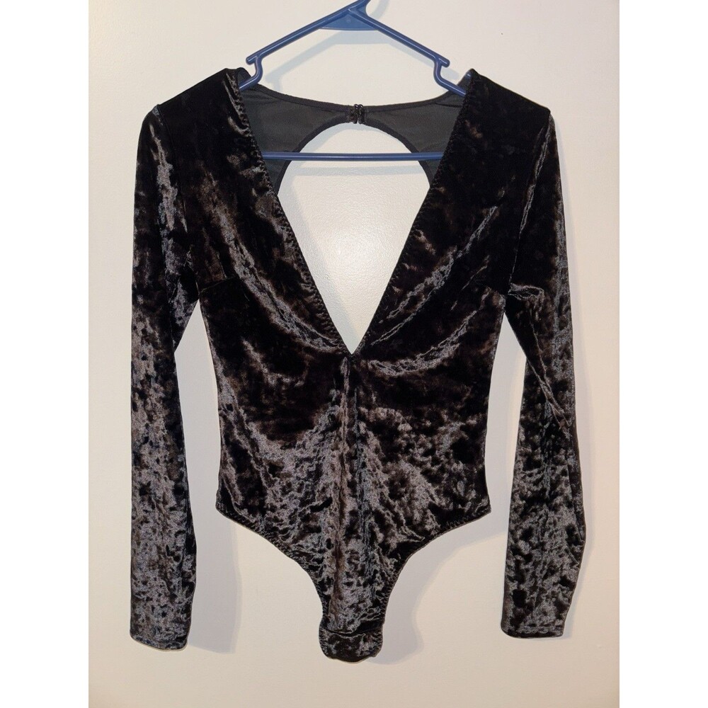 Victoria Secret Black Velvet Thong Bodysuit XS Plunge Neck Open Back Sexy NWT